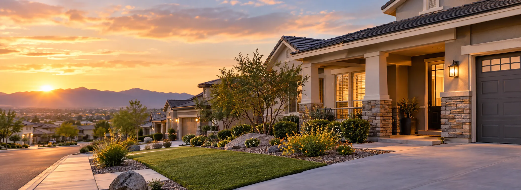 Suburban home at sunset with desert mountains in the background