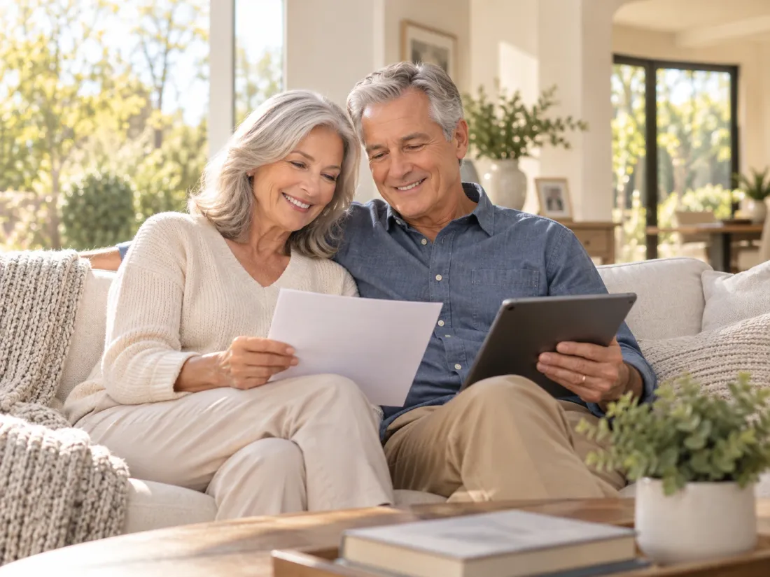 Retired couple reviewing reverse mortgage options